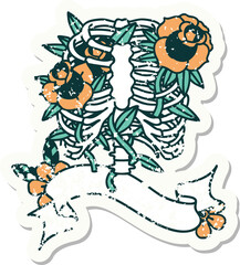 grunge sticker with banner of a rib cage and flowers