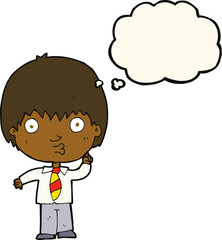 cartoon school boy answering question with thought bubble