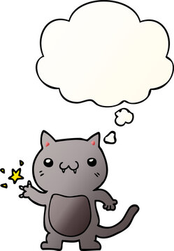 cartoon cat scratching and thought bubble in smooth gradient style