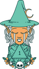 crying elf witch with natural one D20 roll illustration