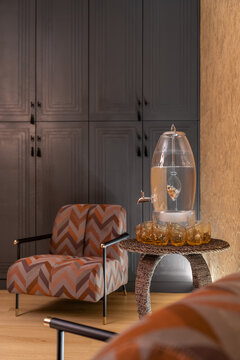 Modern interior of yoga studio with colorful furniture