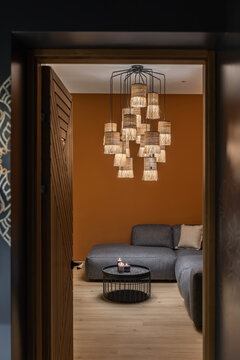 Modern interior of yoga studio with colorful walls