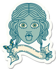 tattoo sticker with banner of female face sticking out tongue