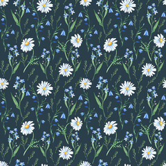 Seamless watercolor pattern with wildflowers bluebell, forget-me-not, camomile on dark blue background. Can be used for fabric prints, gift wrapping paper, kitchen textile.