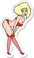 sticker of a cartoon pin up girl putting on stockings