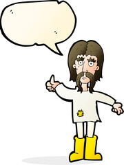 cartoon hippie man giving thumbs up symbol with speech bubble