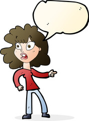 cartoon worried woman pointing with speech bubble