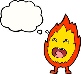cartoon flame character with thought bubble