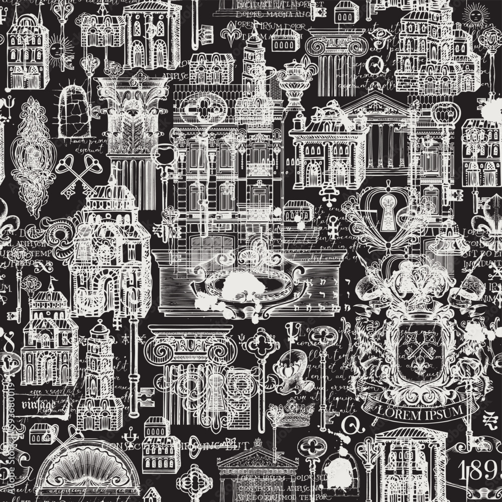 Poster abstract grunge seamless pattern on ancient architecture and art. hand-drawn vector background with 