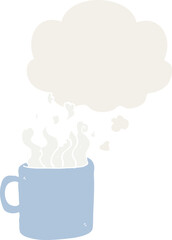 cartoon hot cup of coffee and thought bubble in retro style