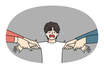 Parents tear apart unhappy crying son have divorce process in family. Stubborn mother and father divide child custody after breakup or separation. Children and domestic violence. Vector illustration.