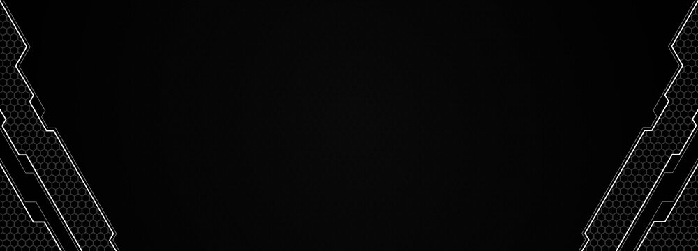 Abstract geometrical cyber tech metaverse digital web 3 horizontal black and white banner design template blank with place for text . Geometrical white sci fi cyberpunk shapes interface hui hud