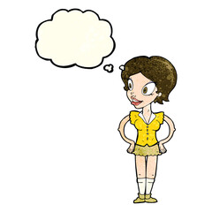 cartoon happy woman in short skirt with thought bubble