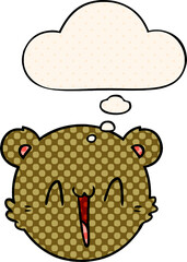 cute cartoon teddy bear face and thought bubble in comic book style