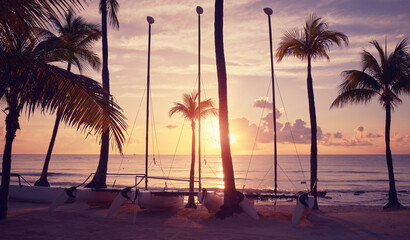 Tropical beach at sunset, color toning applied, Mexico.