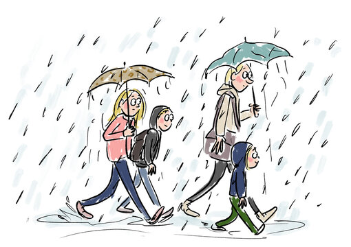 A mother with three kids walking in the rain.