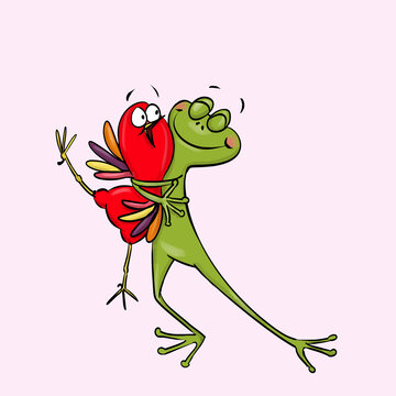 A frog giving a bird a big hug.