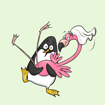 A pinguin and flamingo getting married.