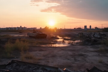 Fototapeta na wymiar Warfield with destroyed city and a tank during sunset and sky with cloudscape landscape
