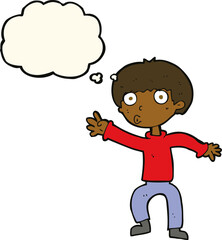 cartoon boy waving warning with thought bubble