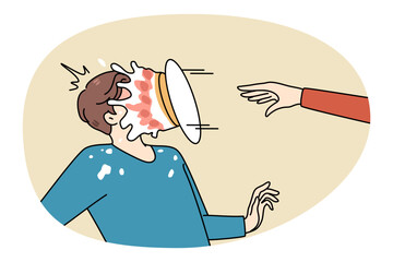 Person throw pie in man face make fun of friend or colleague. Greeting or congratulation with happy birthday prank or joke. Laughter and smile concept. Flat vector illustration. © drawlab19