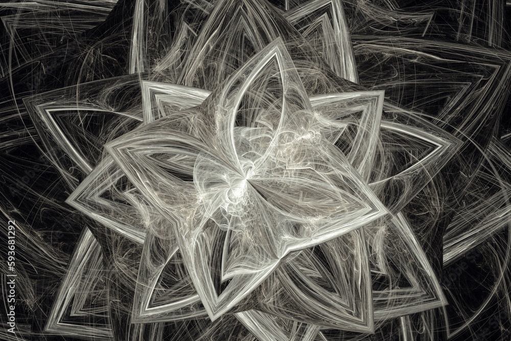 Poster gray floral pattern of crooked waves and shapes on a black background. abstract fractal 3d rendering