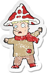 retro distressed sticker of a cartoon magical mushroom man