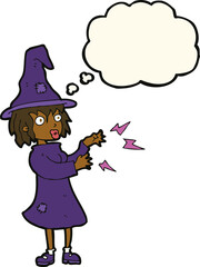 cartoon witch casting spell with thought bubble