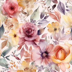 Seamless Elegant Watercolor Pattern of Floral Motifs