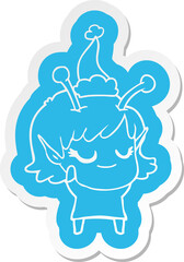 smiling alien girl cartoon  sticker of a wearing santa hat