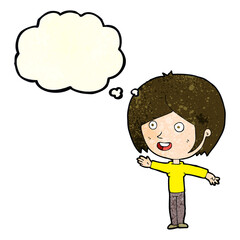 cartoon happy girl waving with thought bubble