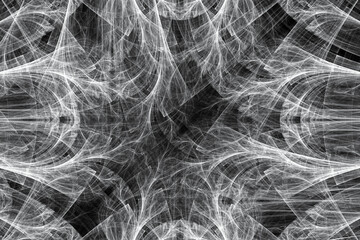 White pattern of crooked waves on a black background. Abstract fractal 3D rendering