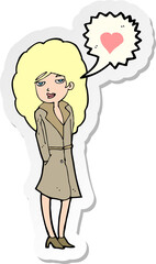 sticker of a cartoon trenchcoat wearing woman in love