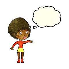 cartoon concerned woman reaching out with thought bubble