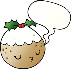 cute cartoon christmas pudding and speech bubble in smooth gradient style