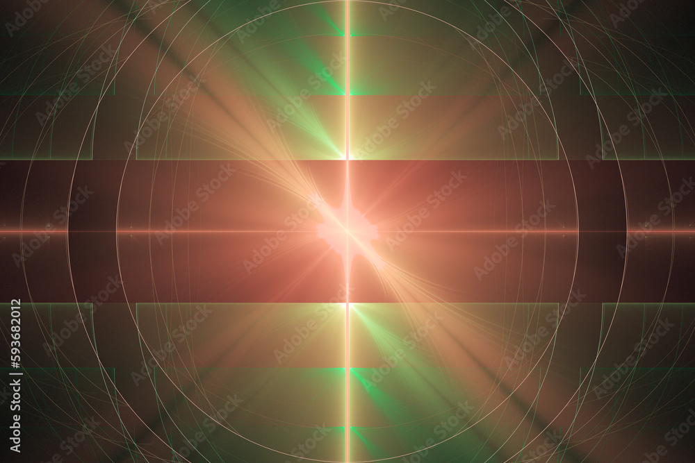 Aufkleber red green glowing pattern of crooked waves and rays on a black background. abstract fractal 3d rende