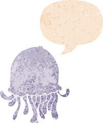 cartoon jellyfish and speech bubble in retro textured style
