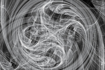 White swirling pattern of crooked waves on a black background. Abstract fractal 3D rendering