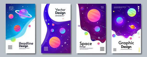 Set of space brochures. Template for invitation. Design for greeting brochures, invitation, flyer, poster, background. Background with cosmos scenes. Vector illustration.