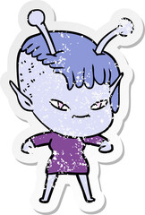 distressed sticker of a cute cartoon alien girl
