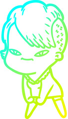 cold gradient line drawing cute cartoon girl with hipster haircut