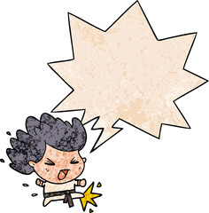 cute cartoon kicking karate champion and speech bubble in retro texture style