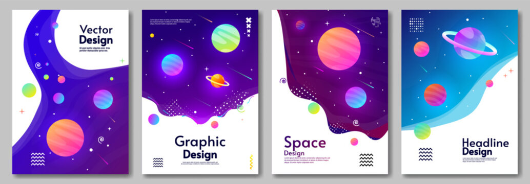 Set of space posters. Design for greeting brochures, invitation, flyer, poster, background. Template for invitation. Vector illustration.