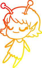 warm gradient line drawing smiling alien girl cartoon floating