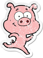 distressed sticker of a happy cartoon pig running