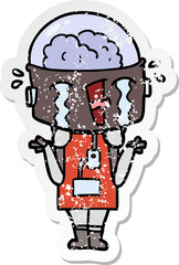 distressed sticker of a cartoon crying robot shrugging shoulders in confusion