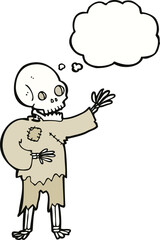cartoon skeleton waving with thought bubble
