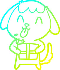cold gradient line drawing cute cartoon dog with christmas present