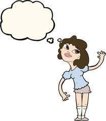 cartoon woman waving with thought bubble
