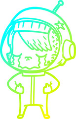 cold gradient line drawing cartoon crying astronaut girl
